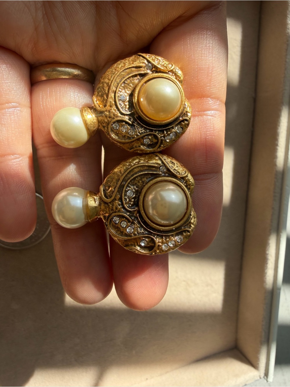 Gold-Tone Pearl and Crystal Drop Earrings - Elegant Vintage Style